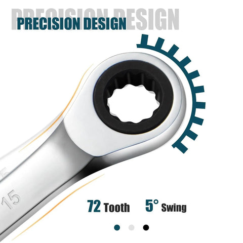 Close-up of 15mm Ratcheting Combination Wrench, Chrome Vanadium Steel Gear, 72 Tooth Precision Ratchet for Metric Cr V Gear Spanner.