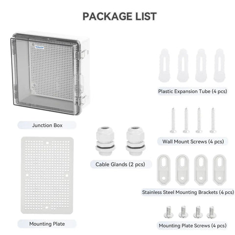 Top Shelf Hella Sturdy Weatherproof Junction Box With Clear Viewing Cover And Din Rail Mounting, accessories included.