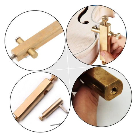 Close-up of Pro Grade Violin Luthier Inlay Tool Curved Saddle Knife Accessory for precise grooving on a violin with brass finish