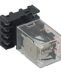 Plug-And-Play 24V DC Relay Kit, 10A High-Current Switch With PF083A 8-Pin Socket Base For Quick Mount, Reliable Power Control In Industrial Automation Panels And Heavy-Duty Equipment. 24V DC relay with clear plastic housing and black 8-pin base.