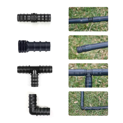 Durable PE Irrigation Pipe Fittings Kit 16mm 20mm 25mm Tee Straight Elbow Plug For Greenhouse Sprinkler Hose Connectors 50 Pieces No Hassle Setup Easy Install, black hose fittings