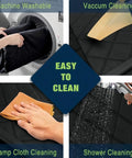 Easy cleaning options for Smooth Operator Dog Car Seat Cover And Hammock Back Bench Protector demonstrating machine wash and damp cloth use.