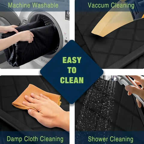 Easy cleaning options for Smooth Operator Dog Car Seat Cover And Hammock Back Bench Protector demonstrating machine wash and damp cloth use.