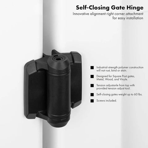 Close-up of black heavy-duty 2-pack adjustable tension gate hinges with caps for outdoor wood and metal gates. Designed for pool fences.