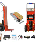 Super Heavy Duty Motorized Stair Climber Hand Truck With 880 Lbs Capacity Electric Dolly Cart For Moving Furniture And Machinery Fast, showing red electric dolly and accessories.
