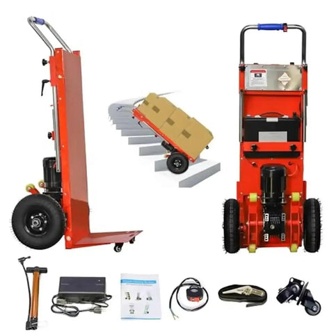 Super Heavy Duty Motorized Stair Climber Hand Truck With 880 Lbs Capacity Electric Dolly Cart For Moving Furniture And Machinery Fast, showing red electric dolly and accessories.