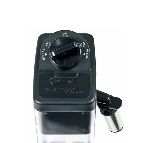 Top view of Milk Tank Assembly 5513296641 for Delonghi ECAM espresso machines with control dial, black OEM replacement.