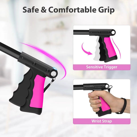36-inch pink and black reacher tool with pink grip and wrist strap, Amazon brand.