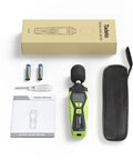 Portable Digital Sound Level Meter With LCD Backlit Display 30dB To 130dB Range, Real Time A Weighted SPL Meter For Home, Shop And Factory Use, Data Hold Function, Easy Readout, Rugged And Reliable. Includes case, batteries, manual and screwdriver.