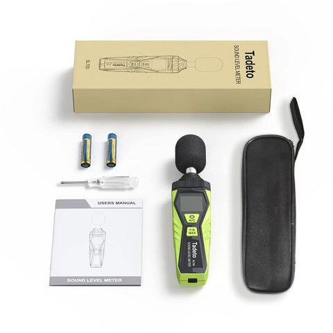 Portable Digital Sound Level Meter With LCD Backlit Display 30dB To 130dB Range, Real Time A Weighted SPL Meter For Home, Shop And Factory Use, Data Hold Function, Easy Readout, Rugged And Reliable. Includes case, batteries, manual and screwdriver.