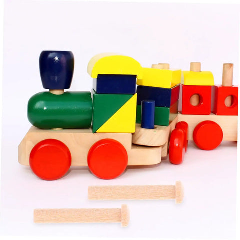 Colorful wooden toy train with red wheels, solid wood rods, and Miniature Wooden Nails Set For Dope Crafting And Woodworking displayed.