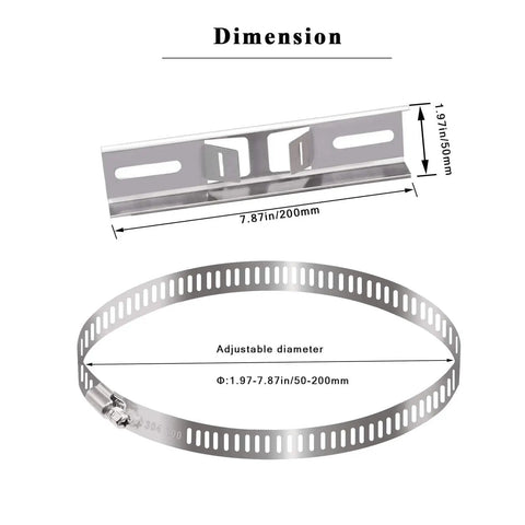 Pole Mounting Kit 304 Stainless Steel With Adjustable 50 To 200mm Clamp Heavy Duty Brackets for Outdoor Electrical Boxes, dimensions shown.