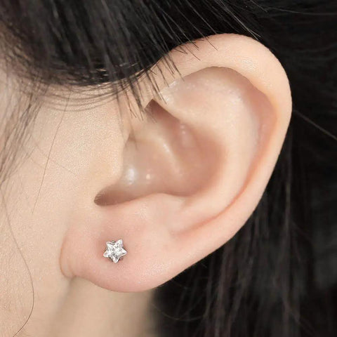 Clear Cubic Zirconia Star Stud Earrings 16G 4mm CZ With 4mm Ball Back Screw Post Stainless Steel Unisex Nose Helix Cartilage Ear Lobe Jewelry Dope Sparkle For Everyday Wear, star stud on ear lobe