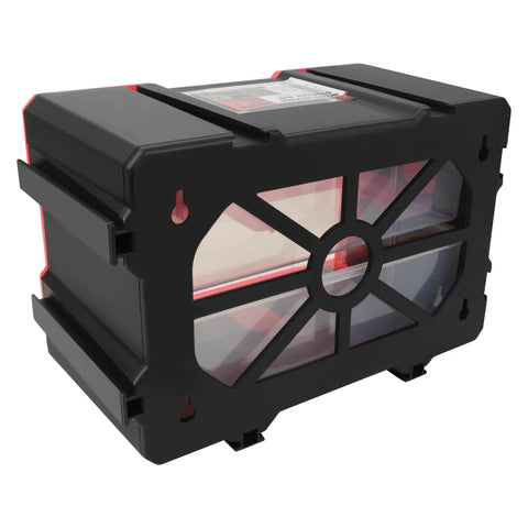 Two Drawer Interlocking Storage Bin System with transparent drawers, black durable polypropylene, stackable, side view