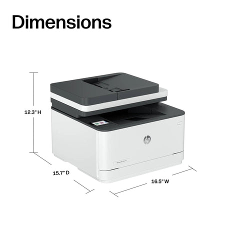 LaserJet Pro All In One Wireless Printer With Duplex Printing For Small Teams, Product Dimensions Displayed