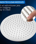 Close-up of finger cleaning soft silicone jets on 12 Inch High Flow Rain Shower Head In Chrome Finish, All Metal Stainless Steel Build