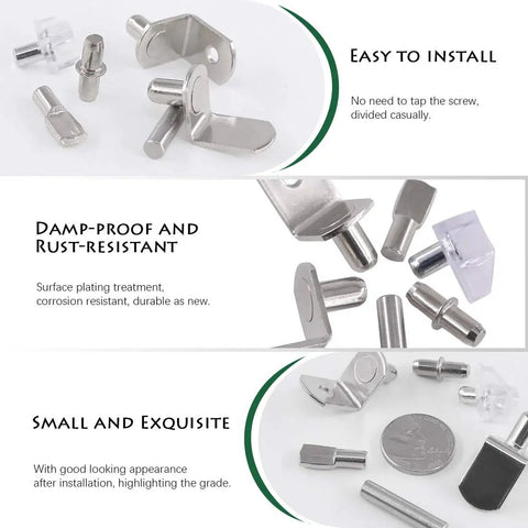 Heavy Duty Nickel Plated Shelf Pegs And Cabinet Support Pins For Quick Home Fixes, showing various pegs and brackets.