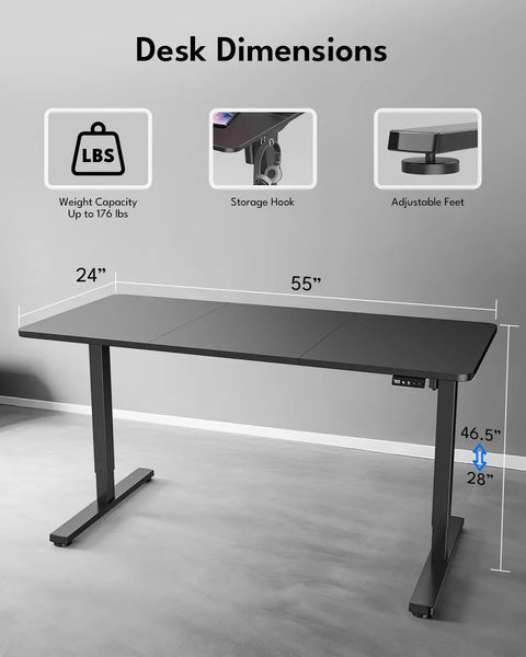 Electric Height Adjustable Standing Desk For Home Office Sit Stand 55 By 24 Inches With Splice Board Construction Black Frame