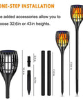 Sun Powered Solar Torch Lights With Realistic Flickering Flame Effect, Waterproof Outdoor Garden Landscape Lamps 43 Inches Tall, shown with height options and accessories.
