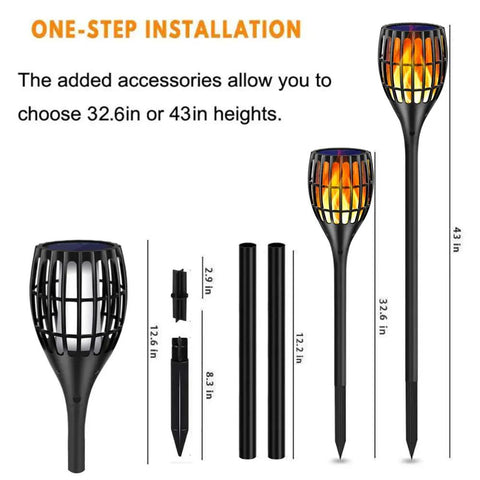 Solar Torch Lights Outdoor 43 Inch Flickering Flame Garden Lights Waterproof Landscape Lighting Dusk To Dawn Auto On Off Security Torch Lights For Yard Patio Driveway 4 Pack, installation accessories and heights shown