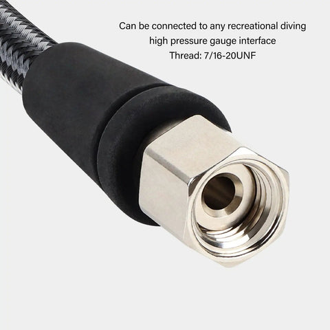 Close-up of Carbon Fiber Braided High Pressure Regulator Hose, 5.9 Inch Scuba Diving Hose with 7/16-20UNF interface