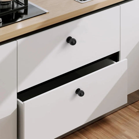 Matte Black Cabinet Knobs 10 Pack 1.2 Inch Round Drawer Knobs For Kitchen And Dresser Cabinets With Screws Included No Fuss Quick Install For Long Lasting Durability on white cabinet drawers