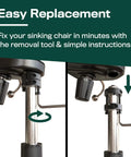 Chair Cylinder Replacement With Removal Tool For Quick Fix On Desk And Gaming Chairs, showing easy installation steps