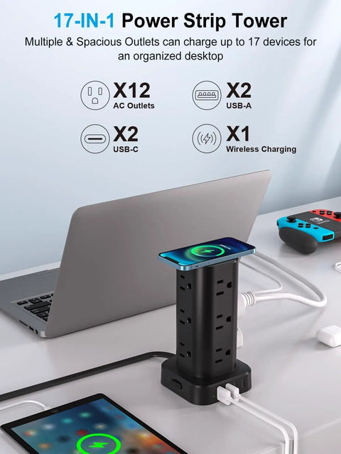 17 In 1 Power Strip Tower With Wireless Charger, Flat Plug Surge Protector, 10ft Extension Cord, 12 AC Outlets And 4 USB Ports (2 USB-C, 2 USB-A), 15W Wireless Charging For Home Office Dorm, Black on desk