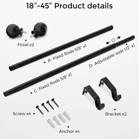 Black 5/8 Inch Curtain Rod Set For Windows 18 To 45 Inches showing finials, rods, brackets, screws, anchors, and hardware set
