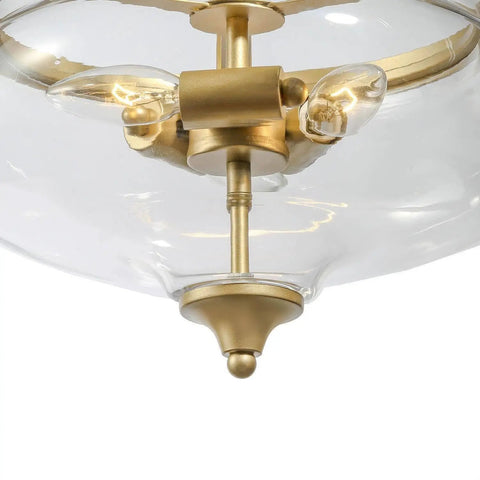 Close-up of Modern Gold Glass Pendant Chandelier With Three Lights For Foyer And Dining Room, showing sleek fishbowl shade.