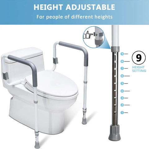 Built Heavy Duty Bathroom Safety Rail For Seniors Featuring Height And Width Adjustable Handles With Thick Padded Foam Grip For Rock Solid Stability Up To 350 Lbs With Zero Drama Installation, showing height adjustment settings.
