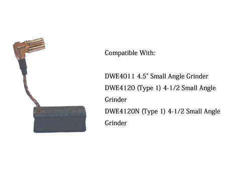 Carbon motor brush for DWE4011 and DWE4120 angle grinders with compatibility details visible