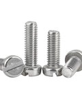 Top Shelf 304 Stainless Steel M1.6 Slotted Round Cheese Head Machine Screws showing variety of lengths and heads.