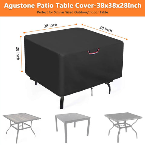 Built Tough Heavy Duty Waterproof Square Table Cover 38 by 38 Inches for Outdoor Patio Tables, front view with dimensions