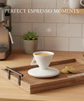 Classic White Bone China Espresso Cup And Saucer Set Designed For Your Daily Coffee Grind Holds 3.4 Ounces Of Precision Shots on a wooden tray