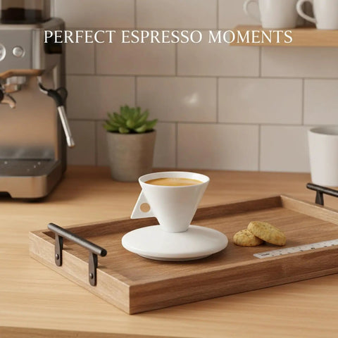 Classic White Bone China Espresso Cup And Saucer Set Designed For Your Daily Coffee Grind Holds 3.4 Ounces Of Precision Shots on a wooden tray