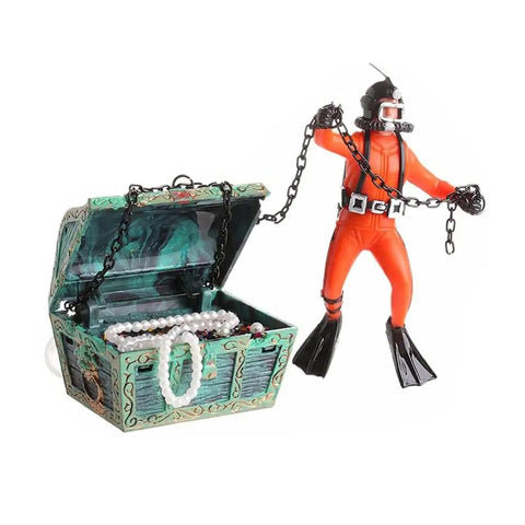 Live Action Undersea Treasure Chest Aquarium Ornament With Diver Air Bubbler For Aerating Your Fish Tank Durable Orange Resin Decoration
