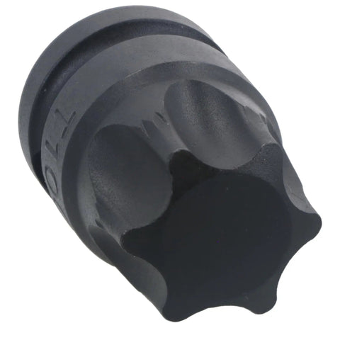 Close-up of a T100 bit from the Half Inch Drive Shallow Stubby Torx Star Bit Socket Set T55 Through T100, 6 Piece, for 1/2" drive ratchets.