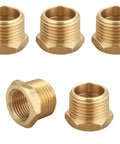 Five 1/2 Inch NPT Male To 3/8 Inch NPT Female Brass Hex Bushing Reducer Pipe Fittings, ideal for plumbing adapters, arranged together.