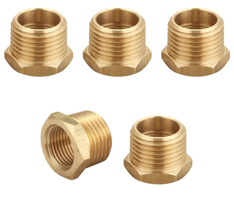 Five 1/2 Inch NPT Male To 3/8 Inch NPT Female Brass Hex Bushing Reducer Pipe Fittings, ideal for plumbing adapters, arranged together.
