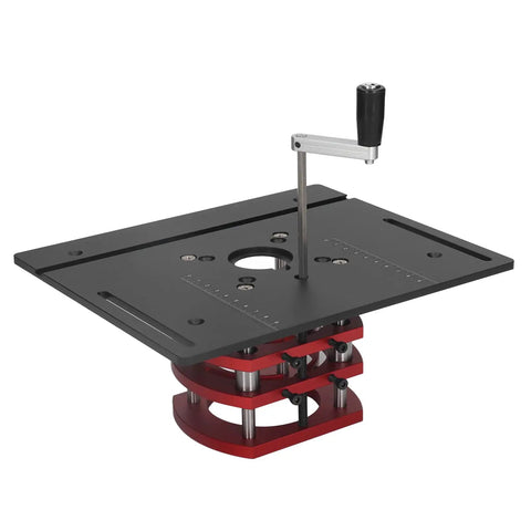 Router Lift Manual Lifting System Kit For Woodworking, Rock Solid Strength, Aluminum Alloy And Stainless Steel Build, Firm Clamping For Trim Routers, Easy Height Adjustment, Durable Black Mounting Frame on red base