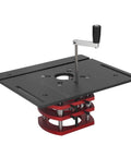 Top Shelf Router Table Lift Kit With Manual Height Adjustment Universal Insert Base Plate, aluminum and steel with crank handle.
