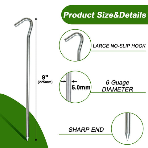 Beefy Heavy Duty 9 Inch Tent Stakes Eight Pack Galvanized Steel Ground Anchors dimensions with hook and sharp end details