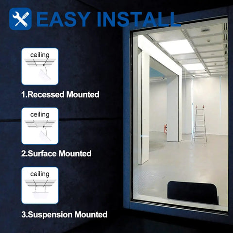 Installation options for 2x2 Ft LED Flat Panel Light 5000K 39W 4290 LM Backlit Ceiling Fixture in office space