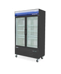 Fifty Three Inch Two Door Glass Merchandiser Cooler With Forty Five Cubic Feet Of Storage Digital Temperature Controls And Adjustable Rack.