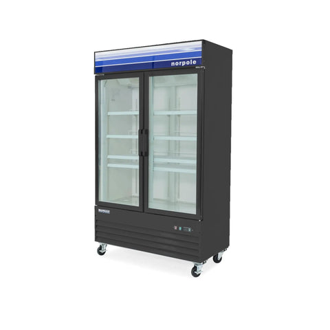 Fifty Three Inch Two Door Glass Merchandiser Cooler With Forty Five Cubic Feet Of Storage Digital Temperature Controls And Adjustable Rack.
