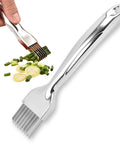 UGpine scallion cutter with stainless steel blade, silver; kitchen vegetable chopper shown slicing green onions