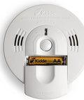 All-In-One Smoke And Carbon Monoxide Detector With Voice Alerts, Battery Backup, Hardwired 120V Interconnectable System, LED Indicator Lights, Easy Mounting, 4-Pack rear view with AA battery slot