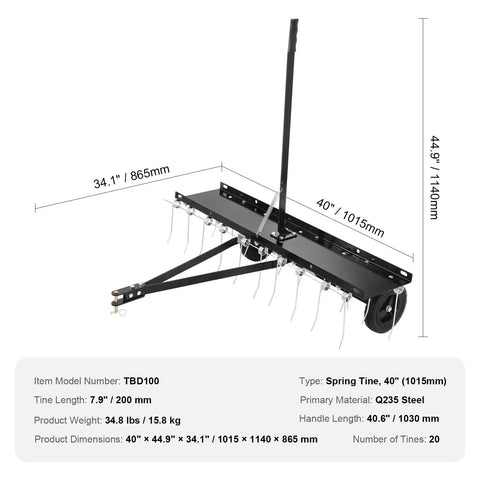 Tow Behind Dethatcher 40 Inch With 20 Spring Steel Tines For ATV Or Mower Lift Handle Lawn Rake For Garden Farm Grass Cleanup