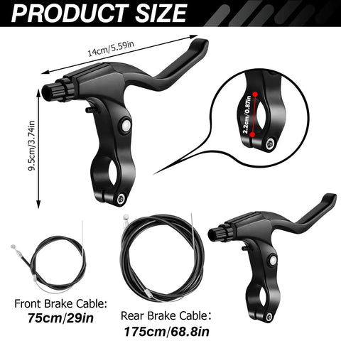 All In One Bicycle Brake Set For Front And Rear Caliper Brakes With Aluminum Alloy Levers, shown with cable sizes.